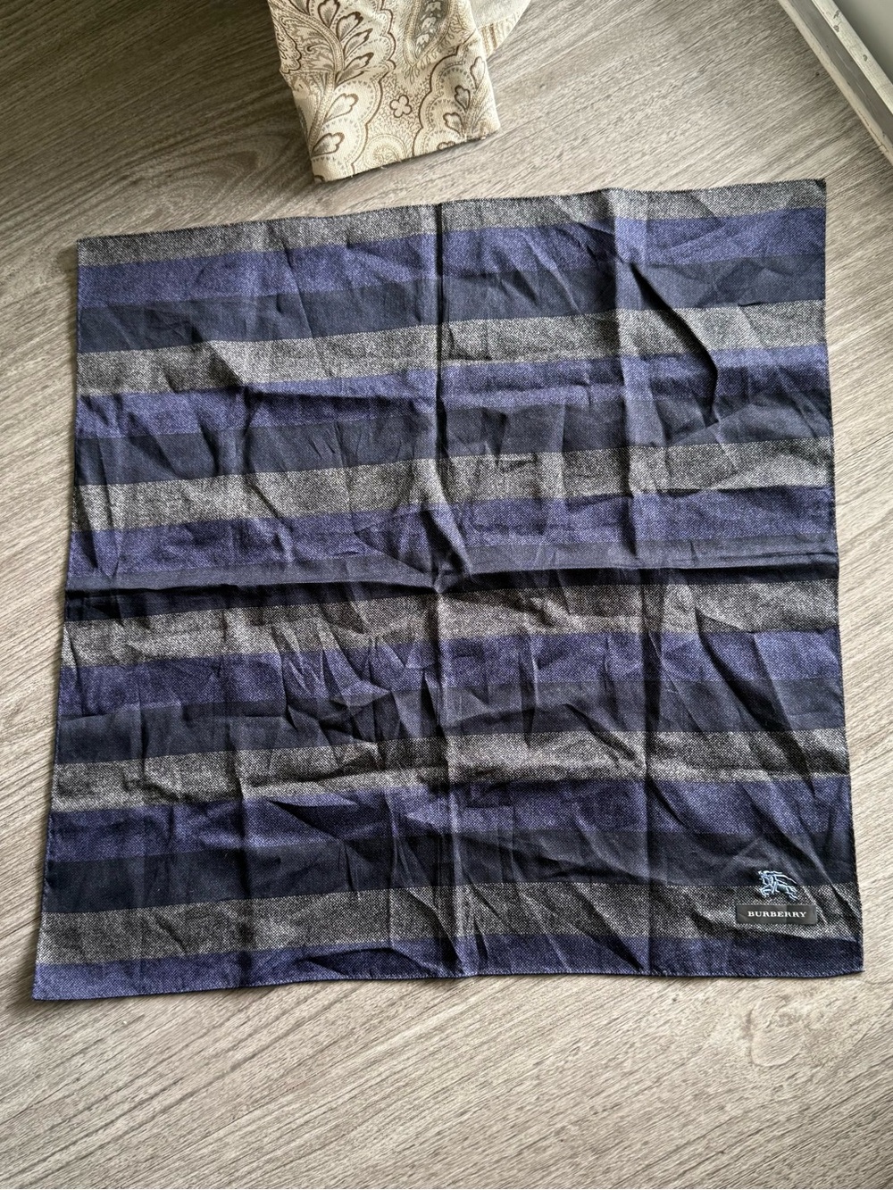 Burberry Navy and Gray Striped Handkerchief with Logo